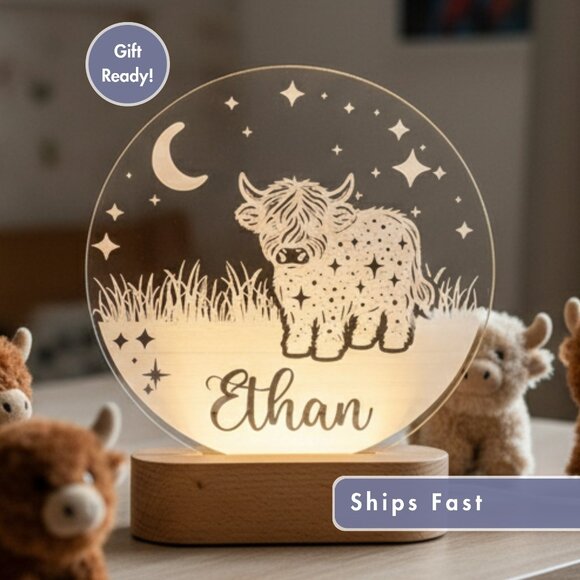 Highland Cow Night Light – Personalized LED Baby Shower Gift - Picture 1 of 8